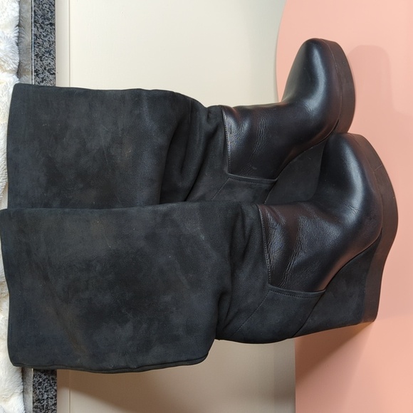 Vince Suede Nubuck Wedge Knee High Mob Wife Boots Made in Italy Black 9 US 40 EU - Picture 4 of 16